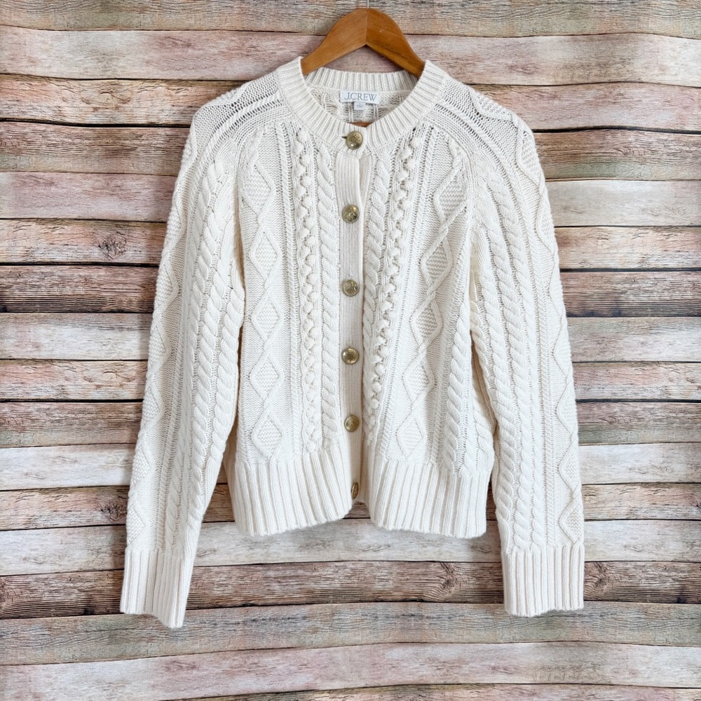 J. Crew Women's Ivory Cable Knit Gold Button Lambswool Cardigan Sweater Size L